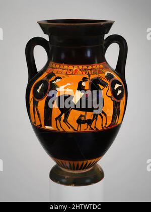 Kunst inspiriert von Terracotta Amphora (Glas), archaisch, ca. 520 v. Chr., Griechisch, Dachboden, Terrakotta; schwarze Figur, H. 21 5/16 Zoll (54,2 cm), Vasen, Vorderseite, Athene auf dem Wagen, mit Herakles und Göttern, Rückseite, Abreise der Krieger. Die Szene auf der Rückseite ist interessant für die Art und Weise, in der Classic Works von Artotop mit einem Schuss Moderne modernisiert. Formen, Farbe und Wert, auffällige visuelle Wirkung auf Kunst. Emotionen durch Freiheit von Kunstwerken auf zeitgemäße Weise. Eine zeitlose Botschaft, die eine wild kreative neue Richtung verfolgt. Künstler, die sich dem digitalen Medium zuwenden und die Artotop NFT erschaffen Stockfoto