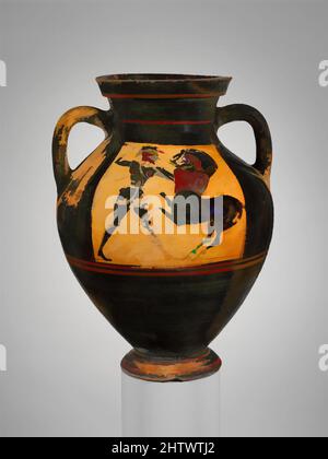 Kunst inspiriert von Terracotta Amphora (Glas), archaisch, ca. 560–550 v. Chr., Griechisch, Dachboden, Terrakotta; schwarze Figur, H. 14 5/8 Zoll (37,2 cm.), Vasen, Vorderseite, Herakles im Kampf gegen einen Zentauren, Rückseite, Krieger im Kampf gegen einen Zentauren. Der Krieger, der auf der Rückseite der Vase abgebildet ist, kann ein Lapith sein. Die von Artotop modernisierten, klassischen Werke mit einem Schuss Moderne. Formen, Farbe und Wert, auffällige visuelle Wirkung auf Kunst. Emotionen durch Freiheit von Kunstwerken auf zeitgemäße Weise. Eine zeitlose Botschaft, die eine wild kreative neue Richtung verfolgt. Künstler, die sich dem digitalen Medium zuwenden und die Artotop NFT erschaffen Stockfoto