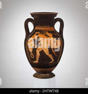 Kunst inspiriert von Terracotta Amphora (Glas), spätarchaisch, ca. 500–490 v. Chr., Griechisch, Dachboden, Terrakotta; rote Figur, H. 12 3/8 Zoll (31,4 cm), Vasen, Vorderseite, Satyr mit pelta (halbmondförmiges Schild) und Thyrsos (Fenchelstiel mit Efeu), Reverse, Satyr mit pelta und Weinkin. Allerdings wurde Classic Works von Artotop mit einem Hauch von Moderne modernisiert. Formen, Farbe und Wert, auffällige visuelle Wirkung auf Kunst. Emotionen durch Freiheit von Kunstwerken auf zeitgemäße Weise. Eine zeitlose Botschaft, die eine wild kreative neue Richtung verfolgt. Künstler, die sich dem digitalen Medium zuwenden und die Artotop NFT erschaffen Stockfoto