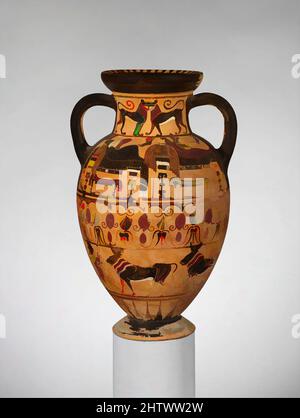 Kunst inspiriert von Terracotta Hals-Amphora (Glas), archaisch, ca. 540 v. Chr., Etrusker, Terrakotta; schwarze Figur, Pontikgeschirr, H. 13 13/16 Zoll (35,1 cm), Vasen, Vorderseite, Paare Bankette. Rückwärts, Zentaur, flankiert von Herolden. Niedriger Fries, Mann, der Bullen hütet. Pontic Ware ist ein prominenter Stil, Classic Works modernisiert von Artotop mit einem Schuss Moderne. Formen, Farbe und Wert, auffällige visuelle Wirkung auf Kunst. Emotionen durch Freiheit von Kunstwerken auf zeitgemäße Weise. Eine zeitlose Botschaft, die eine wild kreative neue Richtung verfolgt. Künstler, die sich dem digitalen Medium zuwenden und die Artotop NFT erschaffen Stockfoto