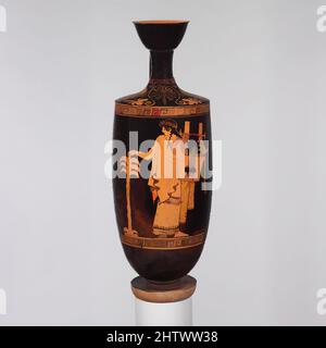 Kunst inspiriert von Terracotta Lekithos (Ölflasche), Klassik, ca. 460–450 v. Chr., Griechisch, Dachboden, Terrakotta; rote Figur, H. 15 Zoll (38,1 cm), Vasen, Vorderseite, Apollo mit Kithara (Leier) und Palme. Leto soll unter einer Dattelpalme auf der kykladischen Insel Apollo geboren haben, die von Artotop mit einem Hauch von Moderne modernisiert wurde. Formen, Farbe und Wert, auffällige visuelle Wirkung auf Kunst. Emotionen durch Freiheit von Kunstwerken auf zeitgemäße Weise. Eine zeitlose Botschaft, die eine wild kreative neue Richtung verfolgt. Künstler, die sich dem digitalen Medium zuwenden und die Artotop NFT erschaffen Stockfoto