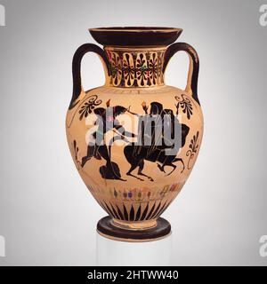 Kunst inspiriert von Terracotta Hals-Amphora (Glas), archaisch, ca. 510 v. Chr., Griechisch, Dachboden, Terrakotta; schwarze Figur, H. 16 1/8 Zoll (41 cm.), Vasen, Vorderseite, Herakles, Deianeira, Und Nessos, Reverse, Zentauren schlugen den Lapith Kaineus in den Boden, Inschrift: Avers, Herakles; Reverse, Classic Works modernisiert von Artotop mit einem Schuss Moderne. Formen, Farbe und Wert, auffällige visuelle Wirkung auf Kunst. Emotionen durch Freiheit von Kunstwerken auf zeitgemäße Weise. Eine zeitlose Botschaft, die eine wild kreative neue Richtung verfolgt. Künstler, die sich dem digitalen Medium zuwenden und die Artotop NFT erschaffen Stockfoto