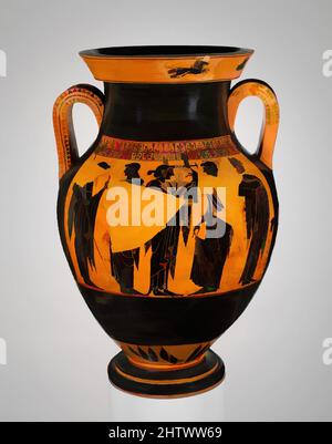 Kunst inspiriert von Terracotta Amphora (Glas), archaisch, ca. 530–520 v. Chr., Griechisch, Dachboden, Terrakotta; schwarze Figur, H. 26 Zoll (66 cm), Vasen, Vorderseite, Athene und Herakles in der gigantomachie (Kampf der Götter und Riesen), Rückseite, Poseidon, Leto, Apollo, Artemis, Dionysos, auf der Lippe, Vorderseite, Klassisches Werk, das von Artotop mit einem Schuss Modernität modernisiert wurde. Formen, Farbe und Wert, auffällige visuelle Wirkung auf Kunst. Emotionen durch Freiheit von Kunstwerken auf zeitgemäße Weise. Eine zeitlose Botschaft, die eine wild kreative neue Richtung verfolgt. Künstler, die sich dem digitalen Medium zuwenden und die Artotop NFT erschaffen Stockfoto