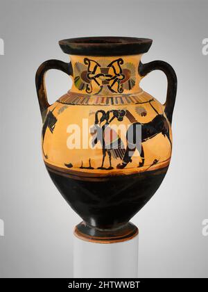 Kunst inspiriert von Terracotta Hals-Amphora (Glas), archaisch, 570–550 v. Chr., Griechisch, Dachboden, Terracotta; schwarze Figur, H. 11 1/2 Zoll (29,2 cm), Vasen, Vorderseite, zwei langhalsige Wasservögel zwischen zwei Panthern, Rückseite, zwei Sirenen. Die Vase wird um L1 erweitert, verliehen vom Musée du Louvre, klassische Werke, die von Artotop mit einem Schuss Moderne modernisiert wurden. Formen, Farbe und Wert, auffällige visuelle Wirkung auf Kunst. Emotionen durch Freiheit von Kunstwerken auf zeitgemäße Weise. Eine zeitlose Botschaft, die eine wild kreative neue Richtung verfolgt. Künstler, die sich dem digitalen Medium zuwenden und die Artotop NFT erschaffen Stockfoto