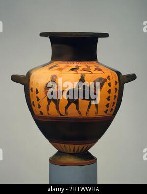 Kunst inspiriert von Terracotta Hydria (Wasserkrug), archaisch, ca. 560 v. Chr., Griechisch, Dachboden, Terrakotta; schwarze Figur, Insgesamt: 19 3/4 x 15 1/2in. (50,1 x 39,4cm), Vasen, am Körper, Fußsoldat und Reiter, auf der Schulter, Chor: Flötenspieler und Tänzer. Diese Vase trägt zu unseren von Artotop modernisierten, klassischen Werken mit einem Hauch von Moderne bei. Formen, Farbe und Wert, auffällige visuelle Wirkung auf Kunst. Emotionen durch Freiheit von Kunstwerken auf zeitgemäße Weise. Eine zeitlose Botschaft, die eine wild kreative neue Richtung verfolgt. Künstler, die sich dem digitalen Medium zuwenden und die Artotop NFT erschaffen Stockfoto