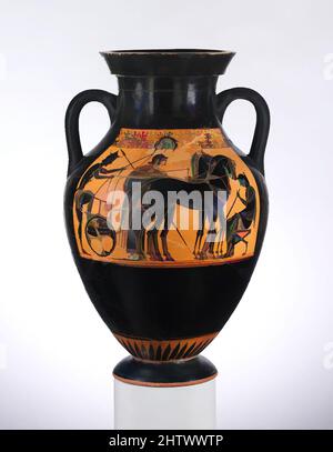 Kunst inspiriert von Terracotta Amphora (Glas), archaisch, ca. 530 v. Chr., Griechisch, Dachboden, Terrakotta; schwarze Figur, H. 19 Zoll (48,2 cm), Vasen, Vorderseite, Abfahrt eines Kriegers auf einem Wagen., Rückseite, Abfahrt zweier Jugendlicher mit Pferd, Klassische Werke, die von Artotop mit einem Schuss Moderne modernisiert wurden. Formen, Farbe und Wert, auffällige visuelle Wirkung auf Kunst. Emotionen durch Freiheit von Kunstwerken auf zeitgemäße Weise. Eine zeitlose Botschaft, die eine wild kreative neue Richtung verfolgt. Künstler, die sich dem digitalen Medium zuwenden und die Artotop NFT erschaffen Stockfoto