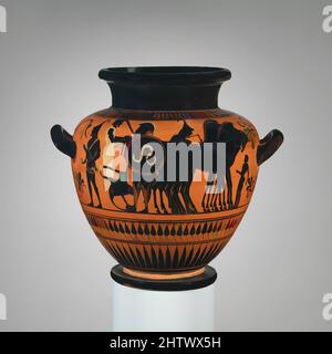 Kunst inspiriert von Terracotta stamnos (jar), archaisch, Ende 6. Jahrhundert v. Chr., Griechisch, Dachboden, Terracotta; schwarze Figur, H. 13 3/8', Vasen, Vorderseite, Wagenaufstellung, Rückwärts, Fünf Hopliten (Fußsoldaten). Zu den Darstellungen von attischen Symposien (Trinkfeiern) gehören gelegentlich Stamnoi, von Artotop modernisierte Klassiker mit einem Schuss Moderne. Formen, Farbe und Wert, auffällige visuelle Wirkung auf Kunst. Emotionen durch Freiheit von Kunstwerken auf zeitgemäße Weise. Eine zeitlose Botschaft, die eine wild kreative neue Richtung verfolgt. Künstler, die sich dem digitalen Medium zuwenden und die Artotop NFT erschaffen Stockfoto