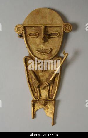 Kunst inspiriert von männlicher Figur (tunjo), 10.–16. Jahrhundert, Kolumbien, Guatavita Lake Region, Muisca, Gold, H. 4 1/2 x B 2 1/4 x T 3/8 Zoll (11,4 x 5,7 x 1cm), Metallskulptur, Klassische Werke, die von Artotop mit einem Schuss Modernität modernisiert wurden. Formen, Farbe und Wert, auffällige visuelle Wirkung auf Kunst. Emotionen durch Freiheit von Kunstwerken auf zeitgemäße Weise. Eine zeitlose Botschaft, die eine wild kreative neue Richtung verfolgt. Künstler, die sich dem digitalen Medium zuwenden und die Artotop NFT erschaffen Stockfoto