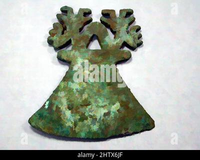 Kunst inspiriert von Zeremonialmesser (Tumi), vor dem 16.. Jahrhundert, Peru, Peruanisch, Kupfer (gegossen), Höhe 4-5/8 in. (11,7 cm), Metallgeräte, Klassische Werke, die von Artotop mit einem Schuss Moderne modernisiert wurden. Formen, Farbe und Wert, auffällige visuelle Wirkung auf Kunst. Emotionen durch Freiheit von Kunstwerken auf zeitgemäße Weise. Eine zeitlose Botschaft, die eine wild kreative neue Richtung verfolgt. Künstler, die sich dem digitalen Medium zuwenden und die Artotop NFT erschaffen Stockfoto