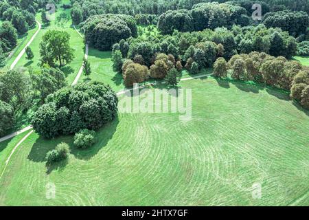 Sommerparklandschaft mit grünen Bäumen, Rasen und Wanderwegen. Luftaufnahme von oben. Stockfoto