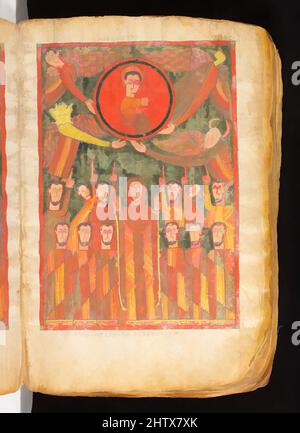 Kunst inspiriert vom illuminierten Evangelium, Ende des 14..–Anfang des 15.. Jahrhunderts, Äthiopien, Amhara-Region, Amhara-Völker, Pergament (Pergament), Holz (Akazie), Tempera, Tinte, H. 16 1/2 x B 11 1/4 x T 4 Zoll (41,9 x 28,6 x 10,2 cm), Verstecken-Dokumente, Diese illuminierte Handschrift der vier Evangelien wurde, Klassisches Werk von Artotop mit einem Schuss Moderne modernisiert. Formen, Farbe und Wert, auffällige visuelle Wirkung auf Kunst. Emotionen durch Freiheit von Kunstwerken auf zeitgemäße Weise. Eine zeitlose Botschaft, die eine wild kreative neue Richtung verfolgt. Künstler, die sich dem digitalen Medium zuwenden und die Artotop NFT erschaffen Stockfoto