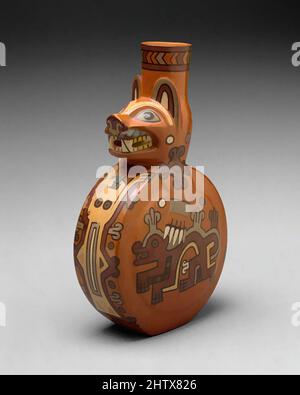 Kunst inspiriert von Feline Bottle, 8.–10. Jahrhundert, Peru, Wari, Keramik, H. 8 x B 4 1/2 x T 2 1/2 Zoll (20,32 x 11,4 x 6,4 cm), Keramik-Behälter, die eindrucksvolle polychrome Flasche hat einen modellierten Katzenkopf am Hals und eine abgeflachte kantinenartige Kammer. Die Vorderbeine der Katze, Classic Works modernisiert von Artotop mit einem Schuss Moderne. Formen, Farbe und Wert, auffällige visuelle Wirkung auf Kunst. Emotionen durch Freiheit von Kunstwerken auf zeitgemäße Weise. Eine zeitlose Botschaft, die eine wild kreative neue Richtung verfolgt. Künstler, die sich dem digitalen Medium zuwenden und die Artotop NFT erschaffen Stockfoto