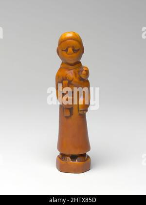 Kunst inspiriert durch Figur: St. Anthony (Toni Malau), 18. Jahrhundert, Angola, Nordwestangola, Kongo-Völker, Elfenbein (Hippopotamus-Schneidezakor), H. 4 3/8 x Durchm. 1 3/16 Zoll (11,1 x 3 cm), Knochen/Elfenbeinskulptur, dieser kleine Elfenbeinanhänger des heiligen Antonius von Padua mit dem Christuskind spielt, klassische Werke, die von Artotop mit einem Schuss Moderne modernisiert wurden. Formen, Farbe und Wert, auffällige visuelle Wirkung auf Kunst. Emotionen durch Freiheit von Kunstwerken auf zeitgemäße Weise. Eine zeitlose Botschaft, die eine wild kreative neue Richtung verfolgt. Künstler, die sich dem digitalen Medium zuwenden und die Artotop NFT erschaffen Stockfoto