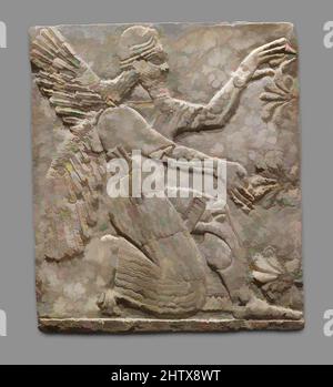 Von Relief inspirierte Kunst, Neo-Assyrisch, ca. 883–859 v. Chr., Mesopotamien, Nimrud (altes Kalhu), Assyrer, Gips-Alabaster, 31 x 26 1/2 x 5 Zoll (78,7 x 67,3 x 12,7 cm), mit Steinreliefs beschriftet, Diese Tafel aus dem Nordwest-Palast in Nimrud (altes Kalhu) zeigt ein geflügeltes, klassisches Werk, das von Artotop mit einem Schuss Moderne modernisiert wurde. Formen, Farbe und Wert, auffällige visuelle Wirkung auf Kunst. Emotionen durch Freiheit von Kunstwerken auf zeitgemäße Weise. Eine zeitlose Botschaft, die eine wild kreative neue Richtung verfolgt. Künstler, die sich dem digitalen Medium zuwenden und die Artotop NFT erschaffen Stockfoto