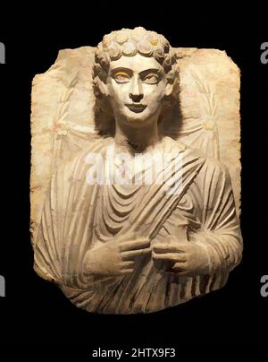 Kunst inspiriert von Grabrelief, ca. 125–150, Syrien, wahrscheinlich aus Palmyra, Kalkstein, 25 1/2 x 20 1/8 x 12 Zoll (64,8 x 51,1 x 30,5 cm), Steinskulptur, Inschrift: (Rechts)1 Nesha, 2 Sohn von 3 ... (Links)1 Belha, 2 (Sohn von) Hashash. 3 ALAs!Transliteration:1 nšʾ2 BR3 …1 blḥʾ2 ḥšš3, Klassisches Werk von Artotop mit einem Schuss Moderne modernisiert. Formen, Farbe und Wert, auffällige visuelle Wirkung auf Kunst. Emotionen durch Freiheit von Kunstwerken auf zeitgemäße Weise. Eine zeitlose Botschaft, die eine wild kreative neue Richtung verfolgt. Künstler, die sich dem digitalen Medium zuwenden und die Artotop NFT erschaffen Stockfoto