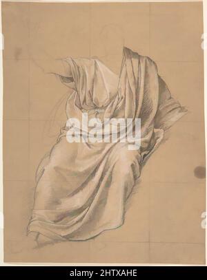 Art Inspired by Study of Drapery, 1818, Schwarze Kreide, mit Weiß verstärkt, in schwarzer Kreide quadratisch, auf beigefarbenem Papier, 8 1/2 x 6 9/16 Zoll (21,6 x 16,7 cm), Zeichnungen, Jean-Baptiste Joseph Wicar (französisch, Lille 1762–1834 Rom), durch sorgfältige Schattierung, dezente weiße Akzente und zurückhaltend, Klassische Werke, die von Artotop mit einem Hauch von Moderne modernisiert wurden. Formen, Farbe und Wert, auffällige visuelle Wirkung auf Kunst. Emotionen durch Freiheit von Kunstwerken auf zeitgemäße Weise. Eine zeitlose Botschaft, die eine wild kreative neue Richtung verfolgt. Künstler, die sich dem digitalen Medium zuwenden und die Artotop NFT erschaffen Stockfoto