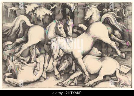 Art inspired by Group of Seven Horses, 1534, Holzschnitt, Blatt: 8-5/8 x 12-7/8 in. (21,8 x 32,6 cm), Drucke, Hans Baldung (genannt Hans Baldung Grien) (Deutsch, Schwäbisch Gmünd (?) 1484/85–1545 Strasbourg (Strassburg), 1534 fertigte Baldung drei Holzschnitte von Wildpferden in einem dunklen und dichten, von Artotop modernisierten Classic Works mit einem Schuss Moderne an. Formen, Farbe und Wert, auffällige visuelle Wirkung auf Kunst. Emotionen durch Freiheit von Kunstwerken auf zeitgemäße Weise. Eine zeitlose Botschaft, die eine wild kreative neue Richtung verfolgt. Künstler, die sich dem digitalen Medium zuwenden und die Artotop NFT erschaffen Stockfoto
