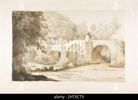 Kunst inspiriert von der Ponte Acquoria, 18. Jahrhundert, Pinsel und braun-grau waschen über schwarzer Kreide., 11 3/8 x 18 1/8 Zoll (28,8 x 46,0 cm), Zeichnungen, Joseph Vernet (Französisch, Avignon 1714–1789 Paris, Klassische Werke, die von Artotop mit einem Schuss Moderne modernisiert wurden. Formen, Farbe und Wert, auffällige visuelle Wirkung auf Kunst. Emotionen durch Freiheit von Kunstwerken auf zeitgemäße Weise. Eine zeitlose Botschaft, die eine wild kreative neue Richtung verfolgt. Künstler, die sich dem digitalen Medium zuwenden und die Artotop NFT erschaffen Stockfoto