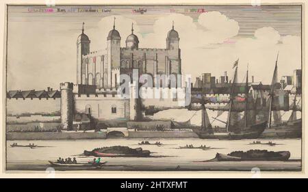 Art Inspired by Tower of London, 1625–77, Etching; Second State of Two, Blatt: 5 11/16 × 10 1/16 in. (14,5 × 25,5 cm), Drucke, Wenceslaus Hollar (Bohemian, Prag 1607–1677 London), Blick auf den Tower of London von der Themse aus, mit dem Verrätertor vor dem Tor; am Kai zwei Schiffe, von Artotop modernisierte klassische Werke mit einem Schuss Moderne. Formen, Farbe und Wert, auffällige visuelle Wirkung auf Kunst. Emotionen durch Freiheit von Kunstwerken auf zeitgemäße Weise. Eine zeitlose Botschaft, die eine wild kreative neue Richtung verfolgt. Künstler, die sich dem digitalen Medium zuwenden und die Artotop NFT erschaffen Stockfoto