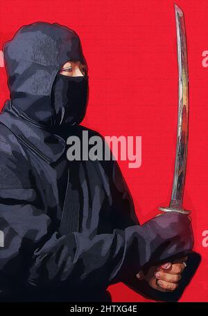 Ninja mit Wurfstern Waffe und roten Hintergrund Comic Style Illustration Stockfoto