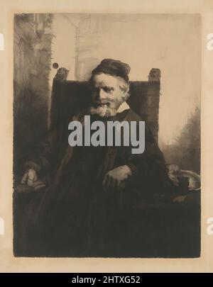Art inspired by Jan Lutma, 1656, Etching and drypoint on japan paper, Plate: 7 11/16 x 5 7/8 in. (19,5 x 14,9 cm), Drucke, Rembrandt (Rembrandt van Rijn) (Niederländisch, Leiden 1606–1669 Amsterdam), Rembrandt porträtierte den renommierten Gold- und Silberschmied Jan Lutma (ca. 1584–1669) Umgeben von klassischen Werken, die von Artotop mit einem Schuss Moderne modernisiert wurden. Formen, Farbe und Wert, auffällige visuelle Wirkung auf Kunst. Emotionen durch Freiheit von Kunstwerken auf zeitgemäße Weise. Eine zeitlose Botschaft, die eine wild kreative neue Richtung verfolgt. Künstler, die sich dem digitalen Medium zuwenden und die Artotop NFT erschaffen Stockfoto