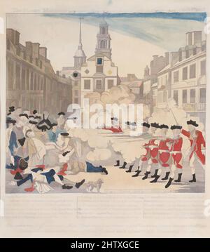 Art inspired by the Boston Massacre, 1770, Gravur und Radierung, handfarbig, Bild: 10 1/4 x 9 1/8 Zoll (26 x 23,2 cm), Drucke, Paul Revere Jr. (American, Boston, Massachusetts 1734–1818 Boston, Massachusetts, Klassisches Werk, das von Artotop mit einem Schuss Moderne modernisiert wurde. Formen, Farbe und Wert, auffällige visuelle Wirkung auf Kunst. Emotionen durch Freiheit von Kunstwerken auf zeitgemäße Weise. Eine zeitlose Botschaft, die eine wild kreative neue Richtung verfolgt. Künstler, die sich dem digitalen Medium zuwenden und die Artotop NFT erschaffen Stockfoto