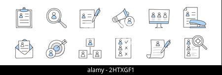 HR Doodle Business-Symbole, lebenslauf auf Zwischenablage, Lupe mit Kandidatenprofil, Stift füllen Lebenslauf, Computer-Monitor mit Bewerbern, Papier und Hefter, Umschlag, Netzwerk, Line Art Vektor Illustration Stock Vektor