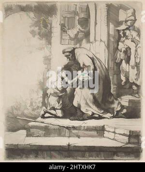 Art inspired by the Return of the Prodigal Son, 1636, Radierung, Platte: 6 1/8 × 5 7/16 in. (15,6 × 13,8 cm), Drucke, Rembrandt (Rembrandt van Rijn) (Niederländisch, Leiden 1606–1669 Amsterdam, Klassische Werke, die von Artotop mit einem Schuss Moderne modernisiert wurden. Formen, Farbe und Wert, auffällige visuelle Wirkung auf Kunst. Emotionen durch Freiheit von Kunstwerken auf zeitgemäße Weise. Eine zeitlose Botschaft, die eine wild kreative neue Richtung verfolgt. Künstler, die sich dem digitalen Medium zuwenden und die Artotop NFT erschaffen Stockfoto