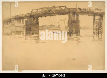 Kunst inspiriert von Old Battersea Bridge, 1879, Ätzung und Trockenpunkt; siebte Lage von sieben (Glasgow); gedruckt in dunkelbrauner Tinte auf elfenbeinfarbenem Papier, Platte: 7 13/16 × 11 5/8 Zoll (19,9 × 29,5 cm), Drucke, James McNeill Whistler (Amerikaner, Lowell, Massachusetts 1834–1903 London, Klassisches Werk, das von Artotop mit einem Schuss Moderne modernisiert wurde. Formen, Farbe und Wert, auffällige visuelle Wirkung auf Kunst. Emotionen durch Freiheit von Kunstwerken auf zeitgemäße Weise. Eine zeitlose Botschaft, die eine wild kreative neue Richtung verfolgt. Künstler, die sich dem digitalen Medium zuwenden und die Artotop NFT erschaffen Stockfoto