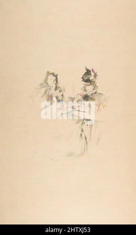 Art Inspired by Afternoon Tea, 1897, Transferlithographie mit Stumpfen, gezeichnet auf dünnem, transparentem Transferpapier; nur Staat (Chicago); gedruckt in schwarzer Tinte auf braunem Japnese-Pergament, Bild: 7 3/8 × 6 1/4 in. (18,7 × 15,8 cm), Drucke, James McNeill Whistler (Amerikaner, Lowell, Klassisches Werk, das von Artotop mit einem Schuss Moderne modernisiert wurde. Formen, Farbe und Wert, auffällige visuelle Wirkung auf Kunst. Emotionen durch Freiheit von Kunstwerken auf zeitgemäße Weise. Eine zeitlose Botschaft, die eine wild kreative neue Richtung verfolgt. Künstler, die sich dem digitalen Medium zuwenden und die Artotop NFT erschaffen Stockfoto