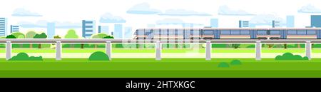 Hochgeschwindigkeitszug auf der Brücke. Nahverkehr. Eisenbahn mit einer Lokomotive. Moderne Stadtlandschaft im Freien. Stadtbild mit der Straße. Flacher Style Stockfoto