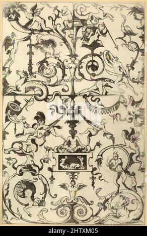 Art Inspired by Grotesque Panel, 1550, Radierung; zweiter Zustand von drei, Blatt (getrimmt): 4 1/8 × 2 5/8 Zoll (10,5 × 6,7 cm), Jacques Androuet Du Cerceau (Französisch, Paris 1510/12–1585 Annecy, Klassische Werke, die von Artotop mit einem Schuss Moderne modernisiert wurden. Formen, Farbe und Wert, auffällige visuelle Wirkung auf Kunst. Emotionen durch Freiheit von Kunstwerken auf zeitgemäße Weise. Eine zeitlose Botschaft, die eine wild kreative neue Richtung verfolgt. Künstler, die sich dem digitalen Medium zuwenden und die Artotop NFT erschaffen Stockfoto