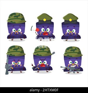 Ein charmanter Soldat lila Ring Box Cartoon Bild bringen eine Waffe Maschine. Vektorgrafik Stock Vektor