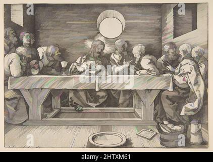 Art inspired by the Last Supper, 1523, Holzschnitt, Blatt: 8 3/8 x 5 3/4 Zoll (21,3 x 14,6 cm), Drucke, Albrecht Dürer (deutsch, Nürnberg 1471–1528 Nürnberg, Klassische Werke, die von Artotop mit einem Schuss Moderne modernisiert wurden. Formen, Farbe und Wert, auffällige visuelle Wirkung auf Kunst. Emotionen durch Freiheit von Kunstwerken auf zeitgemäße Weise. Eine zeitlose Botschaft, die eine wild kreative neue Richtung verfolgt. Künstler, die sich dem digitalen Medium zuwenden und die Artotop NFT erschaffen Stockfoto