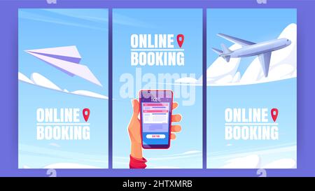 Online-Buchung von Cartoon-Postern. Internet-Service zum Buchen und Kaufen von Flugtickets. Banner mit menschlicher Hand hält Handy auf blauem Himmel Hintergrund mit fliegenden Flugzeugen und Pins, Vektor-Illustration Stock Vektor