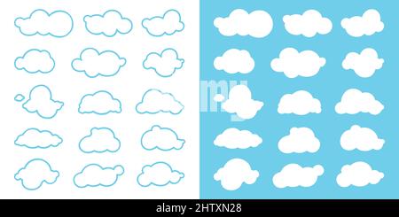 Sammlung von abstrakten, handgezeichneten, einfarbigen und linearen Wolken. Stock Vektor