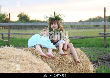 Zwei kleine Mädchen spielen auf einem Weizenfeld Stockfoto