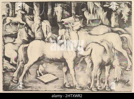 Art inspired by Group of Seven Horses, 1534, Holzschnitt, Blatt: 8 3/4 × 12 11/16 in. (22,2 × 32,2 cm), Drucke, Hans Baldung (genannt Hans Baldung Grien) (Deutsch, Schwäbisch Gmünd (?) 1484/85–1545 Strasbourg (Strassburg, Classic Works modernisiert von Artotop mit einem Schuss Moderne. Formen, Farbe und Wert, auffällige visuelle Wirkung auf Kunst. Emotionen durch Freiheit von Kunstwerken auf zeitgemäße Weise. Eine zeitlose Botschaft, die eine wild kreative neue Richtung verfolgt. Künstler, die sich dem digitalen Medium zuwenden und die Artotop NFT erschaffen Stockfoto