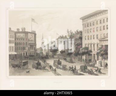 Art inspired by Broad-Way, New York, 1850, Lithograph, Bild: 8 1/16 × 11 3/4 in. (20,4 × 29,8 cm), Drucke, Augustus Köllner (Amerikaner, geb. Wurtenburg, Deutschland 1812), Ein Blick nach Süden auf den Broadway vom Süden des City Hall Park. Auf der rechten Seite befindet sich das Astor House oder das Park Hotel, ein von Artotop modernisiertes, klassisches Gebäude mit einem Hauch von Moderne. Formen, Farbe und Wert, auffällige visuelle Wirkung auf Kunst. Emotionen durch Freiheit von Kunstwerken auf zeitgemäße Weise. Eine zeitlose Botschaft, die eine wild kreative neue Richtung verfolgt. Künstler, die sich dem digitalen Medium zuwenden und die Artotop NFT erschaffen Stockfoto