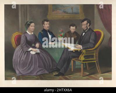 Art inspired by Lincoln at Home, 1867, handkolorierte Lithographie, Bild: 16 13/16 x 23 3/4 in. (42,7 x 60,3 cm), Drucke, nach G. Thomas (Amerikaner, 19.. Jahrhundert), komponiert als Gedenkbild, zielte diese Arbeit auf Northerners Trauer um einen verlorenen Präsidenten. Lincoln und sein jüngster Sohn, Classic Works modernisiert von Artotop mit einem Schuss Moderne. Formen, Farbe und Wert, auffällige visuelle Wirkung auf Kunst. Emotionen durch Freiheit von Kunstwerken auf zeitgemäße Weise. Eine zeitlose Botschaft, die eine wild kreative neue Richtung verfolgt. Künstler, die sich dem digitalen Medium zuwenden und die Artotop NFT erschaffen Stockfoto