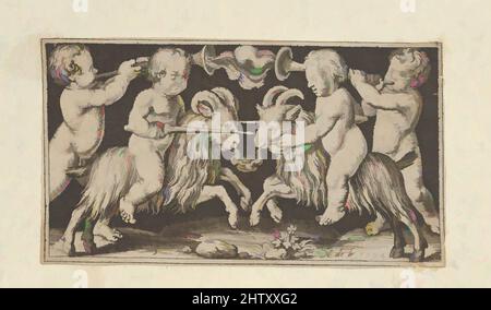 Art inspired by two Genii Riding Rams, 1594, Gravur, Blatt: 1 13/16 × 3 3/8 in. (4,6 × 8,5 cm), Nicolaes de Bruyn (Niederlandisch, Antwerpen 1571–1656 Rotterdam), zwei Putten auf rammauframmen, flankiert von zwei Putten mit Hörnern. Aus einer Serie von sechs Platten, Classic Works modernisiert von Artotop mit einem Schuss Moderne. Formen, Farbe und Wert, auffällige visuelle Wirkung auf Kunst. Emotionen durch Freiheit von Kunstwerken auf zeitgemäße Weise. Eine zeitlose Botschaft, die eine wild kreative neue Richtung verfolgt. Künstler, die sich dem digitalen Medium zuwenden und die Artotop NFT erschaffen Stockfoto
