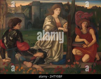 Art Inspired by the Love Song, 1868–77, Öl auf Leinwand, 45 x 61 3/8 Zoll (114,3 x 155,9 cm), Paintings, Sir Edward Burne-Jones (British, Birmingham 1833–1898 Fulham), Burne-Jones verband dieses Gemälde mit einem Refrain aus einer bretonischen Folk-Ballade: 'Ach, I Know a love Song, / Sad or happy, Classic Works Modernized by Artotop with a Splash of Modernity. Formen, Farbe und Wert, auffällige visuelle Wirkung auf Kunst. Emotionen durch Freiheit von Kunstwerken auf zeitgemäße Weise. Eine zeitlose Botschaft, die eine wild kreative neue Richtung verfolgt. Künstler, die sich dem digitalen Medium zuwenden und die Artotop NFT erschaffen Stockfoto