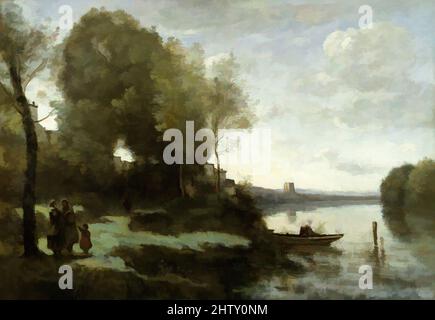 Art Inspired by River with a Distant Tower, 1865, Öl auf Leinwand, 21 1/2 x 30 7/8 Zoll (54,6 x 78,4 cm), Gemälde, Camille Corot (französisch, Paris 1796–1875 Paris), wiederholte der Schriftsteller Théophile Thoré seine gewohnte Kritik an Corot 1865, dem Datum dieses Bildes: "Corot Fast nie, von Artotop modernisierte klassische Werke mit einem Schuss Moderne. Formen, Farbe und Wert, auffällige visuelle Wirkung auf Kunst. Emotionen durch Freiheit von Kunstwerken auf zeitgemäße Weise. Eine zeitlose Botschaft, die eine wild kreative neue Richtung verfolgt. Künstler, die sich dem digitalen Medium zuwenden und die Artotop NFT erschaffen Stockfoto