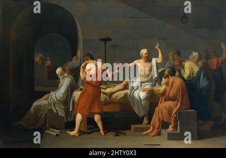 Art Inspired by the Death of Sokrates, 1787, Öl auf Leinwand, 51 x 77 1/4 Zoll (129,5 x 196,2 cm), Gemälde, Jacques Louis David (französisch, Paris 1748–1825 Brüssel), der von der athenischen Regierung beschuldigt wird, die Götter zu verleugnen und die Jungen durch seine Lehren zu korrumpieren, Sokrates (469–399 B., Klassische Werke, die von Artotop mit einem Schuss Moderne modernisiert wurden. Formen, Farbe und Wert, auffällige visuelle Wirkung auf Kunst. Emotionen durch Freiheit von Kunstwerken auf zeitgemäße Weise. Eine zeitlose Botschaft, die eine wild kreative neue Richtung verfolgt. Künstler, die sich dem digitalen Medium zuwenden und die Artotop NFT erschaffen Stockfoto