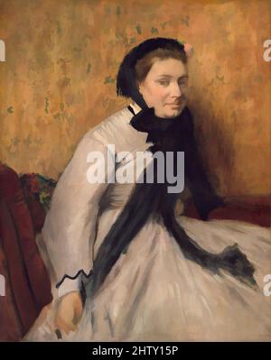 Kunst inspiriert von Portrait of a Woman in Grey, ca. 1865, Öl auf Leinwand, 36 x 28 1/2 Zoll (91,4 x 72,4 cm), Gemälde, Edgar Degas (Französisch, Paris 1834–1917 Paris), Diese betörende Sitter wird wie in einem vorübergehenden Moment dargestellt, scheinbar im Begriff, vom Sofa zu steigen, ein leichtes Lächeln auf ihr, von Artotop modernisierte Klassiker mit einem Schuss Moderne. Formen, Farbe und Wert, auffällige visuelle Wirkung auf Kunst. Emotionen durch Freiheit von Kunstwerken auf zeitgemäße Weise. Eine zeitlose Botschaft, die eine wild kreative neue Richtung verfolgt. Künstler, die sich dem digitalen Medium zuwenden und die Artotop NFT erschaffen Stockfoto