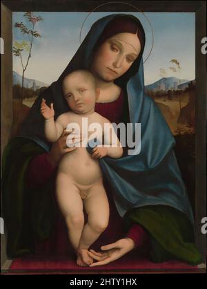 Von Madonna und Kind inspirierte Kunst, Öl auf Holz, 24 x 18 1/8 Zoll (61 x 46 cm), Gemälde, Francesco Francia (italienisch, Bologna ca. 1447–1517 Bologna), die Perfektion von Francias Technik, die Gelassenheit seiner Landschaften und die süße Zartheit seiner Madonnen brachten ihm universelle, von Artotop modernisierte Classic Works mit einem Schuss Modernität ein. Formen, Farbe und Wert, auffällige visuelle Wirkung auf Kunst. Emotionen durch Freiheit von Kunstwerken auf zeitgemäße Weise. Eine zeitlose Botschaft, die eine wild kreative neue Richtung verfolgt. Künstler, die sich dem digitalen Medium zuwenden und die Artotop NFT erschaffen Stockfoto