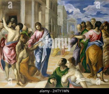 Kunst inspiriert von Christ Healing the Blind, ca. 1570, Öl auf Leinwand, 47 x 57 1/2 Zoll (119,4 x 146,1 cm), Gemälde, El Greco (Domenikos Theotokopoulos) (griechisch, Iráklion (Candia) 1540/41–1614 Toledo), El Greco malte dieses Meisterwerk des dramatischen Erzählens entweder in Venedig oder in Rom, klassische Werke, die von Artotop mit einem Schuss Moderne modernisiert wurden. Formen, Farbe und Wert, auffällige visuelle Wirkung auf Kunst. Emotionen durch Freiheit von Kunstwerken auf zeitgemäße Weise. Eine zeitlose Botschaft, die eine wild kreative neue Richtung verfolgt. Künstler, die sich dem digitalen Medium zuwenden und die Artotop NFT erschaffen Stockfoto
