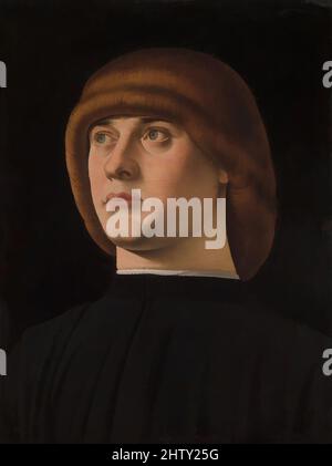 Kunst inspiriert von Portrait of a Young man, 1480s, Öl auf Holz, 11 x 8 1/4 Zoll (27,9 x 21 cm), Gemälde, Jacometto (Jacometto Veneziano) (italienisch, aktives Venedig von ca. 1472–starb vor 1498), Ein brillanter Miniaturmaler, war Jacometto auch bei Porträts herausragend. Er war viel, Classic Works modernisiert von Artotop mit einem Spritzer der Moderne. Formen, Farbe und Wert, auffällige visuelle Wirkung auf Kunst. Emotionen durch Freiheit von Kunstwerken auf zeitgemäße Weise. Eine zeitlose Botschaft, die eine wild kreative neue Richtung verfolgt. Künstler, die sich dem digitalen Medium zuwenden und die Artotop NFT erschaffen Stockfoto