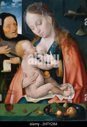 Kunst inspiriert von der Heiligen Familie, ca. 1512–13, Öl auf Holz, 16 3/4 x 12 1/2 Zoll (42,5 x 31,8 cm), Gemälde, Joos van Cleve (Niederländisch, Cleve ca. 1485–1540/41 Antwerpen) wird das Motiv der Jungfrau und des Kindes aus Jan van Eycks königlicher Lucca-Madonna von um 1435 zitiert (Städelsches, Klassische Werke, die von Artotop mit einem Schuss Moderne modernisiert wurden. Formen, Farbe und Wert, auffällige visuelle Wirkung auf Kunst. Emotionen durch Freiheit von Kunstwerken auf zeitgemäße Weise. Eine zeitlose Botschaft, die eine wild kreative neue Richtung verfolgt. Künstler, die sich dem digitalen Medium zuwenden und die Artotop NFT erschaffen Stockfoto