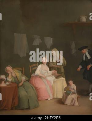 Art Inspired by the Letter, 1746, Öl auf Leinwand, 24 x 19 1/2 Zoll (61 x 49,5 cm), Gemälde, Pietro Longhi (Pietro Falca) (Italienisch, Venedig 1701–1785 Venedig), ein älterer Mann mit einer Münze in der Hand verhandelt mit einem Staatsanwalt um die Gunst einer hübschen jungen Frau, die mit offensichtlichen, von Artotop modernisierten klassischen Werken mit einem Schuss Moderne liest. Formen, Farbe und Wert, auffällige visuelle Wirkung auf Kunst. Emotionen durch Freiheit von Kunstwerken auf zeitgemäße Weise. Eine zeitlose Botschaft, die eine wild kreative neue Richtung verfolgt. Künstler, die sich dem digitalen Medium zuwenden und die Artotop NFT erschaffen Stockfoto